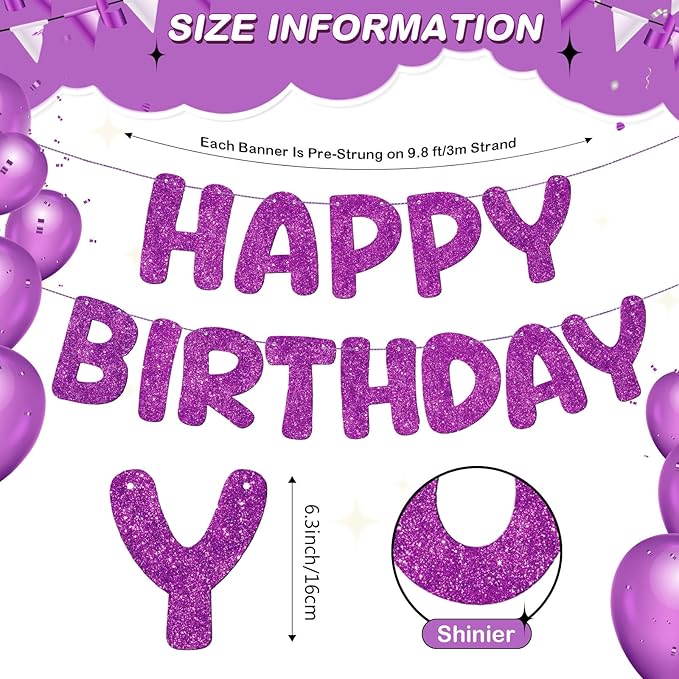 Fulmoon Glitter Pre Strung Happy Birthday Banner No DIY Party Decorations Happy Birthday Sign Decor for Men Women Boy Girls Backdrop(Dark Purple)