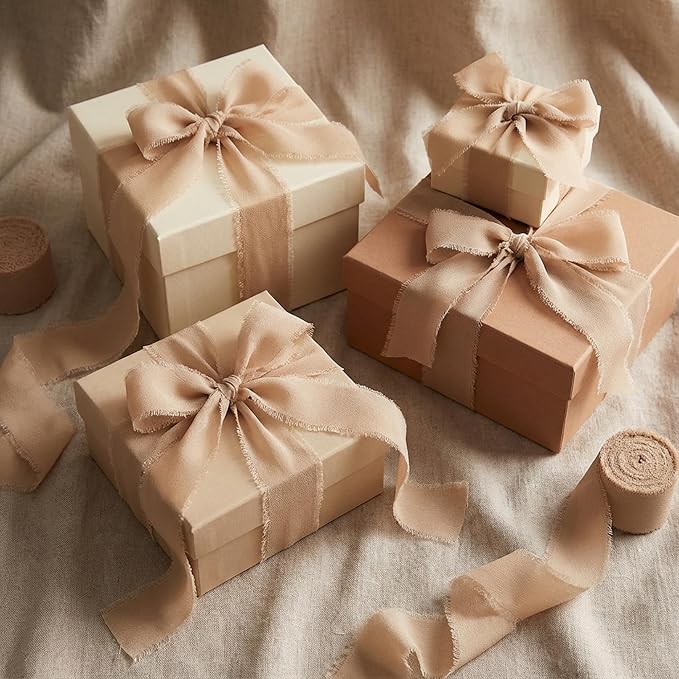 Handmade Chiffon Ribbon 1.5 Inch Wide, 3 Rolls 21 Yards, Neutral Frayed Edge Ribbon for Wedding Styling, Bouquets, Invitations & Craft Projects (Light Nude)