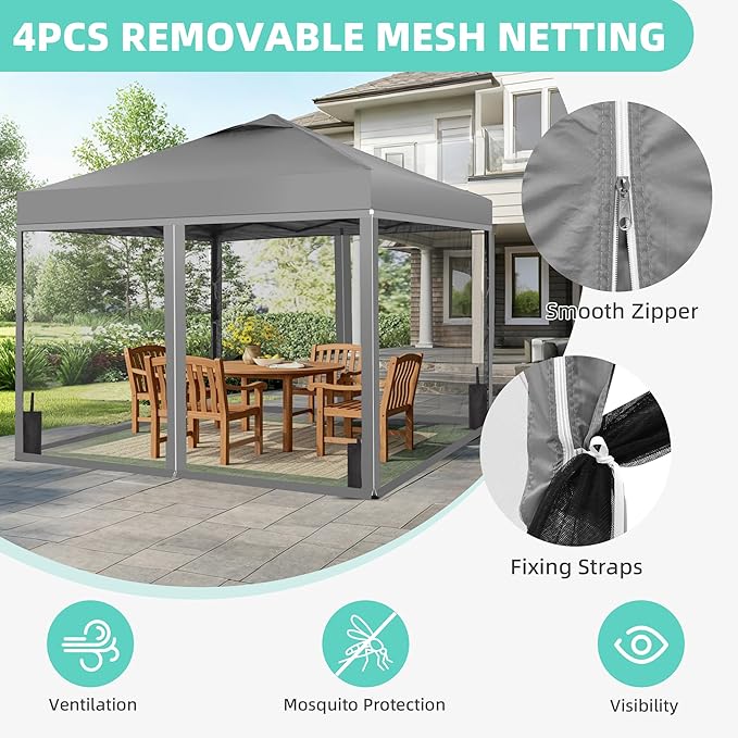 GDY 10x10 Pop up Canopy Tent with Mosquito Netting, Easy up Gazebo for Patio, Camping and Garden, Includes 4 Sandbags, Gray