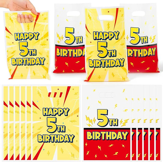 Andi Cppss Happy Birthday Party Favor Bags - 50PCS Red White Yellow Lighting Bolts Plastic Goodie Bags with Handle for Kids Cartoon Goody Treat Candy Gift Bag for Girls Boys 5th Birthday Party Favors