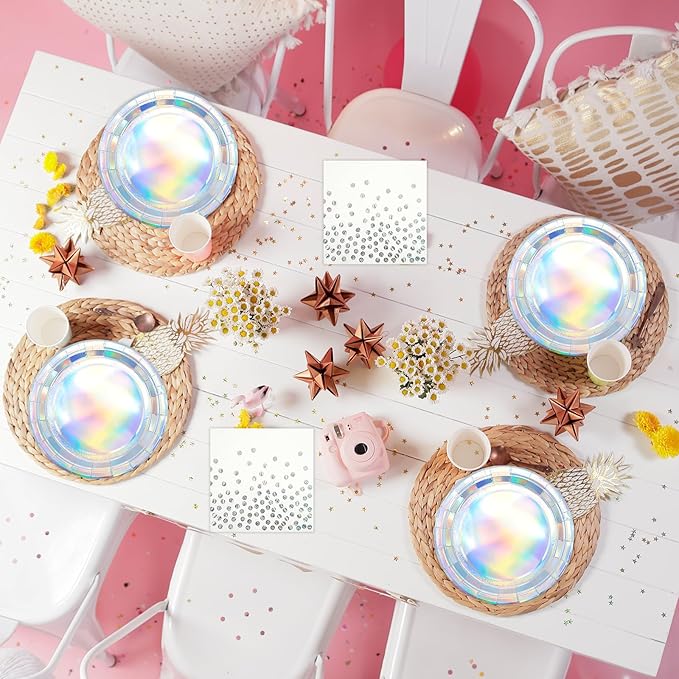 72Pcs Iridescent Silver Plates and Napkins Party Supplies, Holographic Disposable Paper Plates Napkins with Forks Tableware Set for Mermaid Birthday Wedding Iridescent Party Decorations