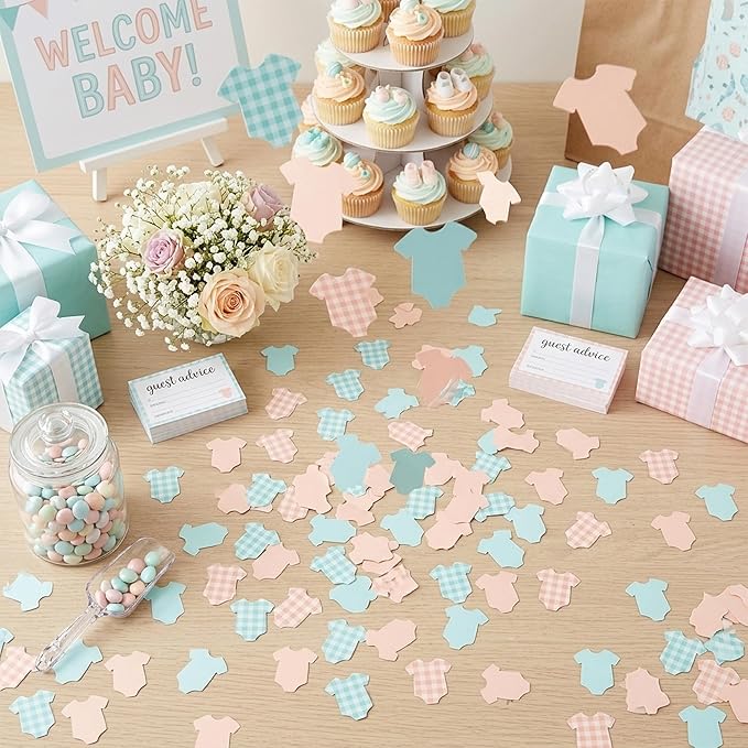 BeYumi Baby Shower Table Confetti - 300Pcs Blue Pink Short-Sleeve Bodysuits Table Confetti Decorations Plaid Baby Outfit Scatter Paper Decor for Baby Girls Boys Gender Reveal Birthday Party Supplies