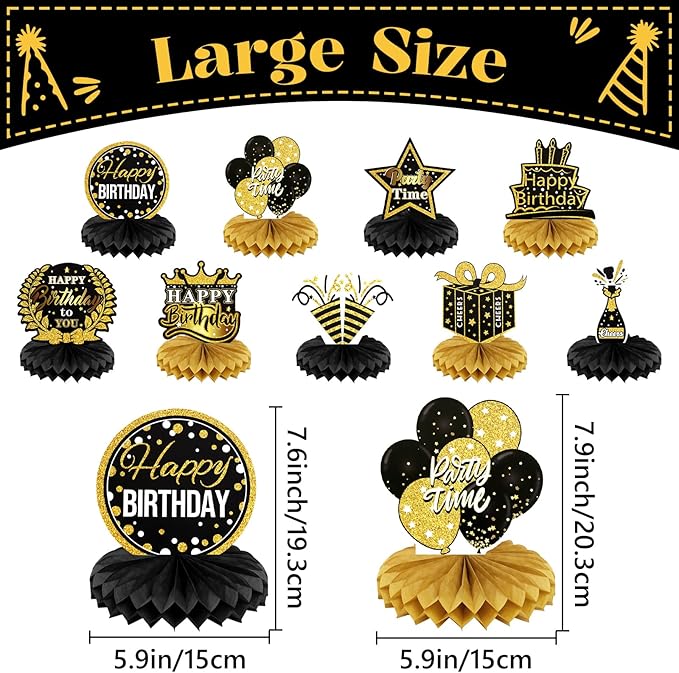 9 PCS Happy Birthday Party Table Decorations | Black and Gold Birthday Center Pieces for Table | Birthday Honeycomb Table Centerpieces | Reusable Birthday Table Toppers for Girls Boys Women Men