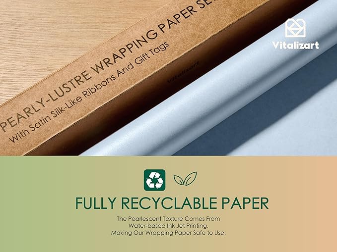 Vitalizart Dusty Blue Wrapping Paper Set 17" Pearly-Lustre With Silk Like Satin Ribbon & Gift Tags Recyclable Christmas Gift Wrapping Birthday Baby Shower Wedding Handmade Crafts 197"(16.4 Ft)