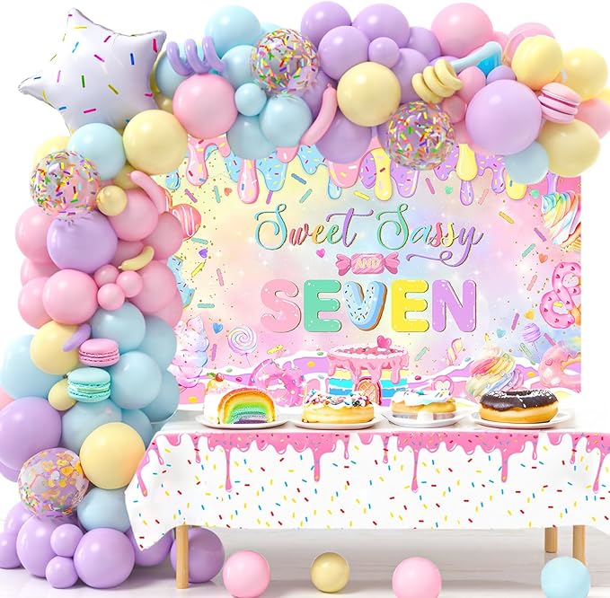 Mocsicka Donut 7th Birthday Banner Backdrop Sweet Sassy and Seven Birthday Party Decorations Banner for Girls Seven Birthday Party Banner for Phogography (Pink, 70.8x43.3 inch)