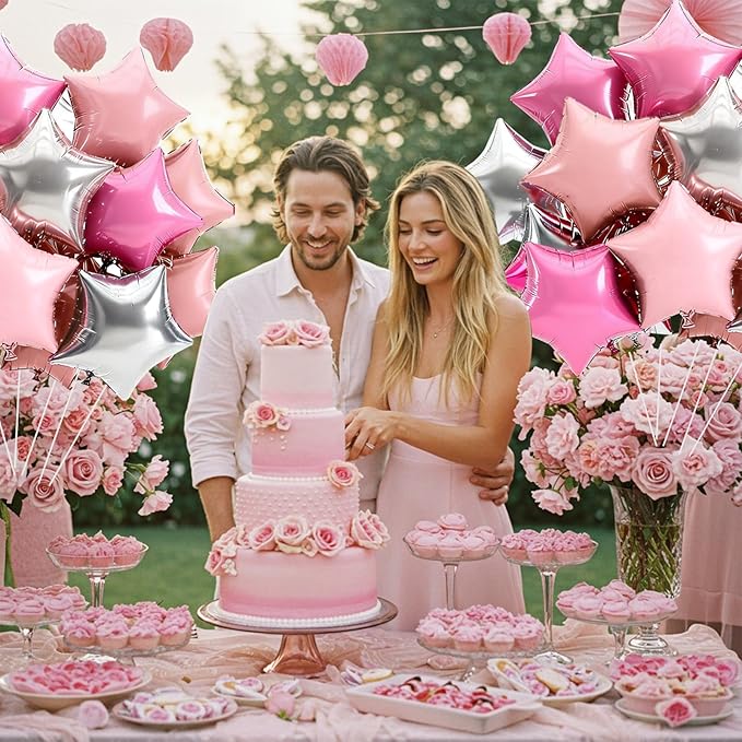 TONIFUL 15Pcs 18 Inch Large Silver Pink Star Shape Foil Balloons Big Stars Helium Mylar Ballons for Birthday Wedding Bridal Shower Anniversary Engagement Party Decorations Supplies