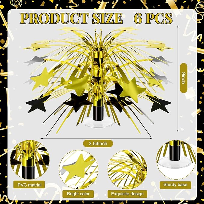 6 Pcs Black and Gold Centerpieces for Tables Star Party Decorations Metallic Foil Spray Centerpieces for Graduation Birthday Event Photo Booth Props, 8.7 Inch Tall