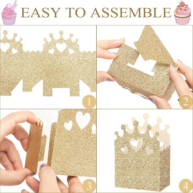 Outus 20 Pieces Princess Crown Boxes Glitter Princess Party decoration Glitter Party Favor Candy Boxes Gold Gifts Container for Wedding Birthday Baby Shower Supplies