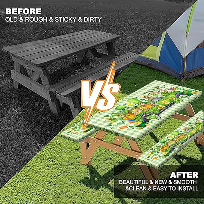 St. Patrick's Day Picnic Table Cover with Bench Covers, Camping Essentials, Plaid Truck Gnomes Clover Outdoor Table Covers, Waterproof, Fitted Tablecloth Cover with Elastic Edge, 3 PCS, 30x96 Inch