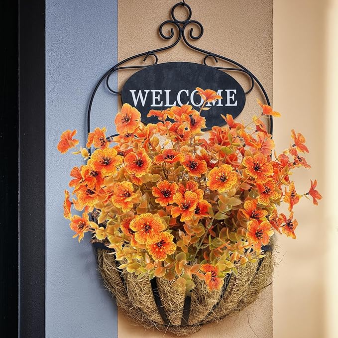 XEOLIAN 12 Bundles Artificial Fall Flowers Fake Plastic Plants Indoor Outside Hanging Planter No Fade Faux Autumn Plants Thanksgiving Home Garden Fireplace Décor (Fall with Flowers)