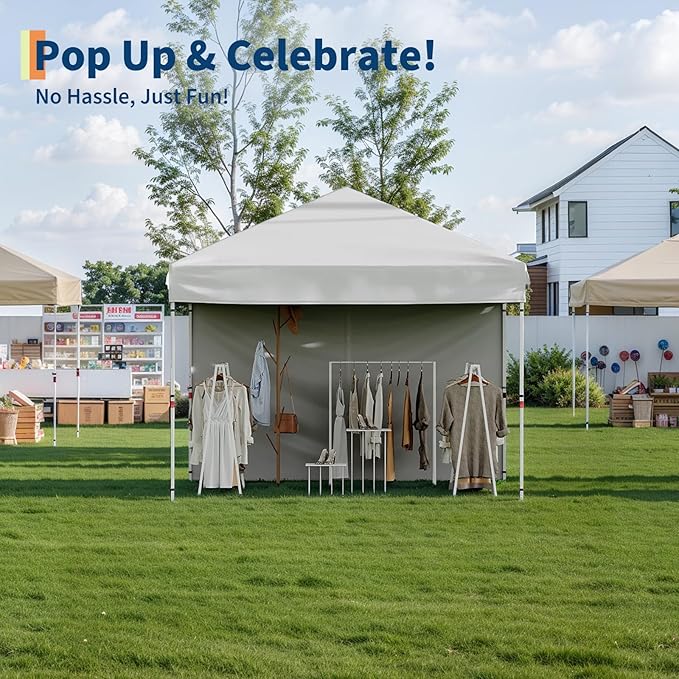 GarveeLife 10x10 Pop Up Canopy with 3 Sidewalls - Easy Up Camping Tent with One Button Push Setup - 1 Roller Bag, 3 Adjustable Height, 4 Weight Bags for Deck, Garden, Sports, Beach, Party - White