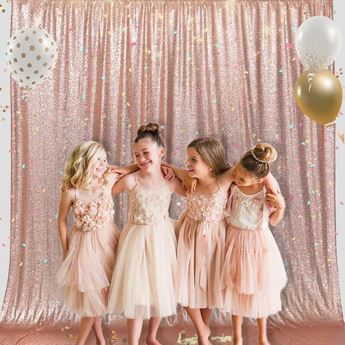 PartyDelight Rose Gold Sequin Backdrop 6x8ft - High Density 3mm Shimmer Sequin Background with 4-Inch Rod Pocket Sparkly Photography Curtain for Birthday, Wedding, Bridal Shower & Live Decor