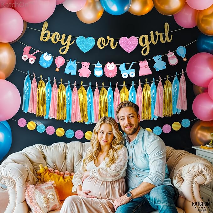 KatchOn, Boy or Girl Banner and Garland Set - 10 Feet, No DIY | Glitter Boy or Girl Gender Reveal Banner, Gender Reveal Decorations | Tassel Garland for Baby Shower Decorations