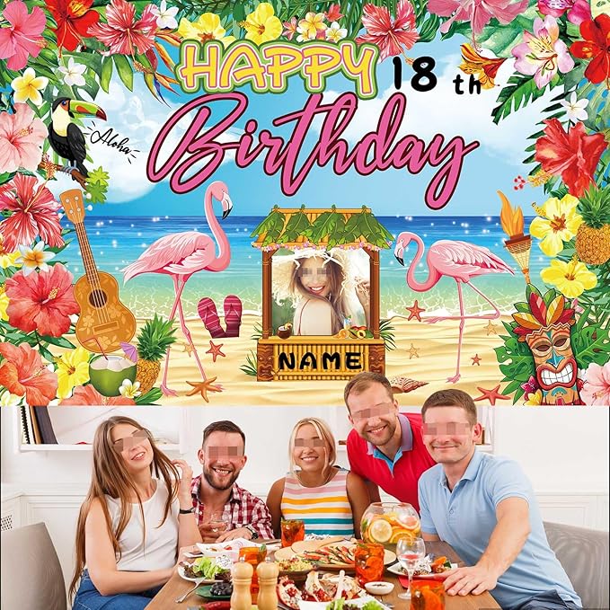 Custom Happy Birthday Banner Flamingo Themed Party Decoration Backdrop Party Supplies Tropical Floral Photo Booth Hawaiian Themed Party Decoration for Luau Beach (4x6ft)