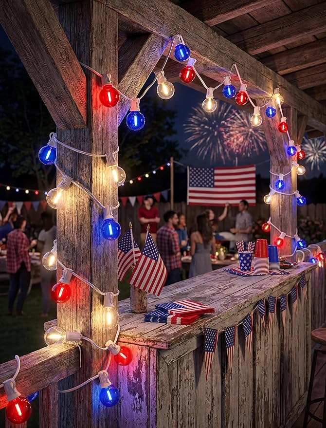 4th of July G40 LED Red White and Blue Lights, 25ft Outdoor String lights, Hanging Patio Lights with 27 Shatterproof Round Bulbs, Independence Day Decoration Warm White for Patriotic Party Garden