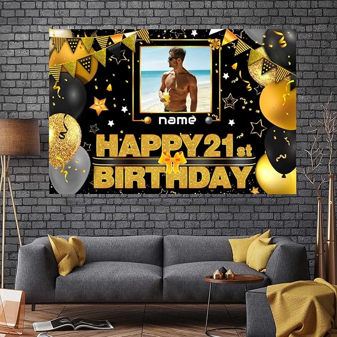 Personalized Black and Gold Decoration Banner for Custom Photos and Names - Happy 21st Birthday Celebration Supplies