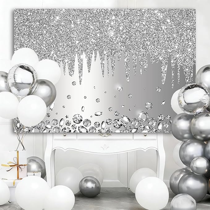 ABLIN 10x7ft Silver Backdrop Print Dripping Glitter Crystal Diamond Silver Happy Birthday Party Bridal Shower Wedding Decorations Photography Background Photo Shoot Props