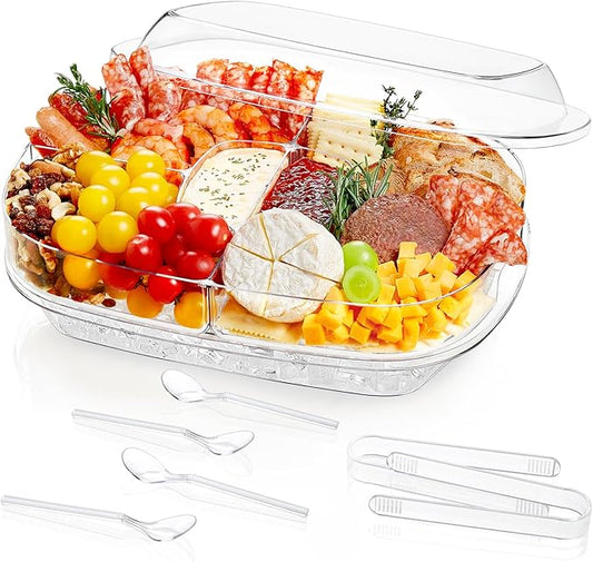 Lifewit Chilled Serving Tray for Parties, 15" Divided Shrimp Cocktail Serving Dish with Lid, Plastic Taco Platter, Ice Serving Bowl for Veggie, Fruit, Salad, Mimosa Bar Supplies in Party/Buffet