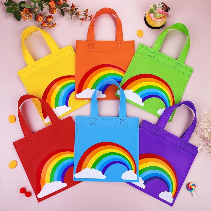 Aneco 24 Pieces Candy Non-Woven Bags Rainbow Party Favor Bags 8×8 Inch Trolls Goodie Bags 6 Colors Party Favor Gift Bags for Birthday Wedding