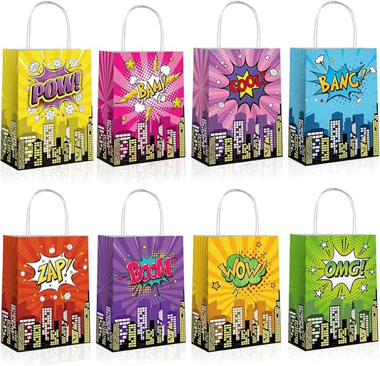 Lesnala 16Pcs Superhero party favors bags with handles 8 Styles Comic series goodie bags Kraft paper hero themed candy treat gift bags for Kids Birthday Party Baby Shower Decoration Supplies