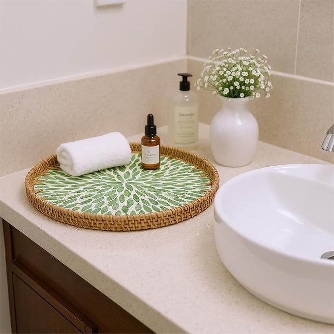 Round Rattan Tray with Mother of Pearl Inlay, Handwoven Wicker Coffee Table Serving Basket Tray for Fruit Snack Party Picnic Cafe Bedroom Kitchen Home Decor Set of 2 (Green Leaves)