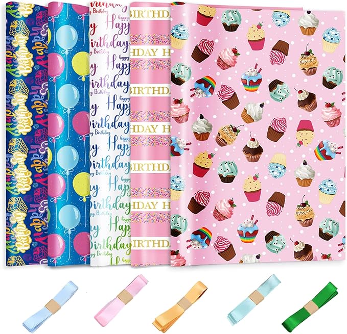 Larcenciel Birthday Wrapping Paper Set - 5 Sheets and 5 Silk Ribbons, Colorful Cupcake Balloon Gift Wrapping Paper, Glossy Coated Gift Wrap for All Girls Boys Women Men Birthdays Party (27.5x19.6inch)