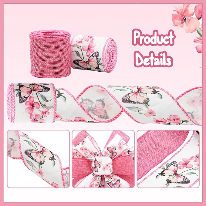 Pink Wired Ribbon for Wreath Bows, 2 Rolls, 2.5″ Wide, 10 Yards Total, Summer Pink Butterfly Floral Wired Ribbons for Crafts Supplies, Rustic Party, Wedding Ribbon Bow Decor