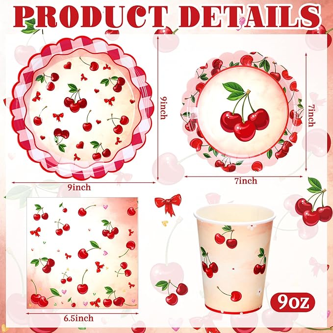 Domensi 250 Pcs Baby Shower Decorations for Girls Cherry Bridal Shower Party Supplies Paper Plates Napkins Cups Tableware Set for 50 Guests She's the Cherry on Top Birthday Party Supplies for Wedding