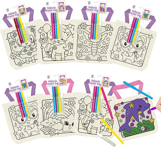 8 Pieces Kids Coloring Goodie Bags, Reusable Canvas Bag, Cute Art Party Favors, Color Your Own Bags for DIY Painting Birthday Carnival Celebration, Party Supplies Gift, Girls