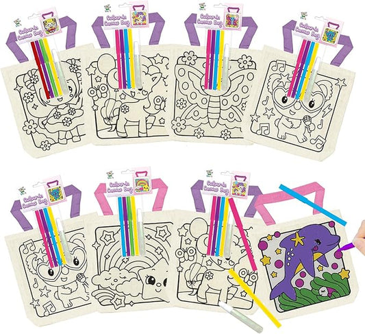 8 Pieces Kids Coloring Goodie Bags, Reusable Canvas Bag, Cute Art Party Favors, Color Your Own Bags for DIY Painting Birthday Carnival Celebration, Party Supplies Gift, Girls