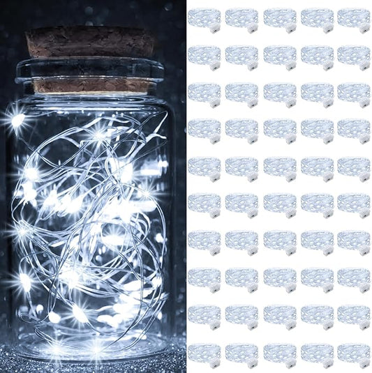 pozzolanas 50 Pack White Fairy Lights Battery Operated 3 Modes 7FT 20 LED Waterproof String Lights Twinkle Silver Wire for Mason Jars Wedding Christmas Halloween Party Decor (50, White)
