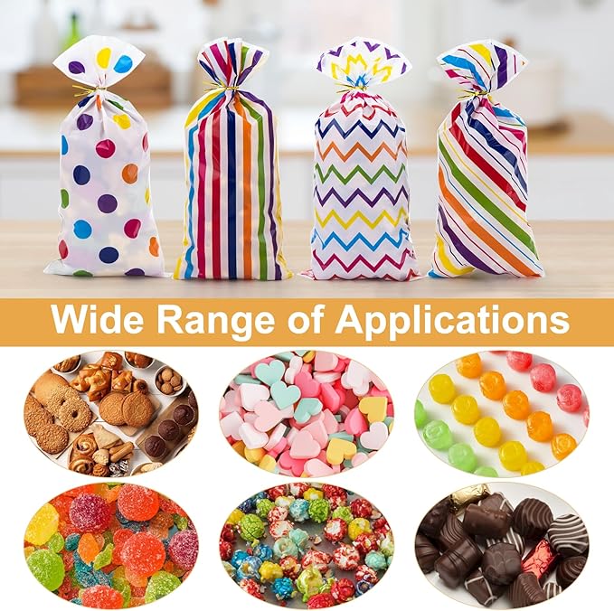 Aubeco 120 Pack 10.6x5.1 Inch Cellophane Treat Bags with Ties - Polka & Rainbow Stripes Candy Gift Baggies for Birthday, Wedding Party Favors, Snack Packing Supplies