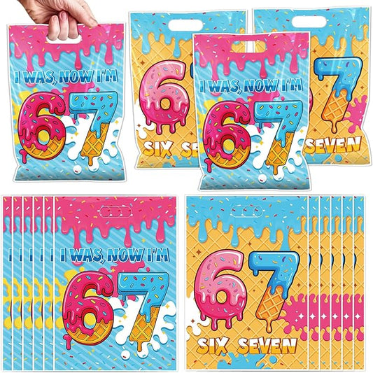Falueqg 6 7 Party Favor Bags - 50 Pcs I Was 6 Now I'm 7 Goodie Candy Gift Bags 7th Birthday Party Favors for 7th Meme Themed Ice Cream Theme Birthday Decorations