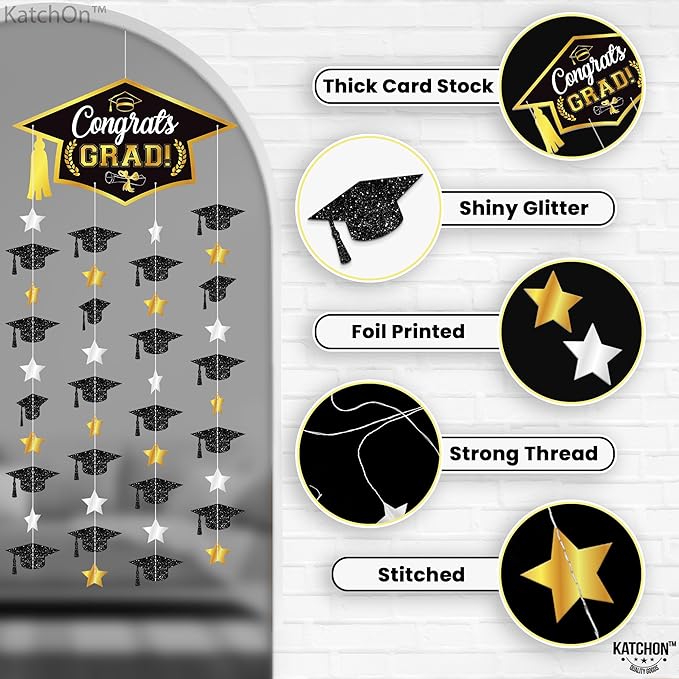 Graduation Decorations 2026, Black and Gold Graduation Cap Garland - Pack Of 2, No DIY | Congrats Grad Garlands for Graduation Cap Decoration | Graduation Party Decorations 2026, KatchOn