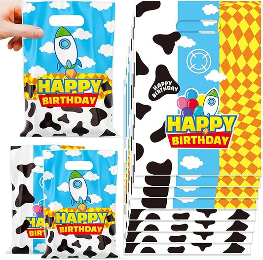 CHENRINDECO 50Pcs Cartoon Story Goodie Bags Cow Pattern Birthday Party Favor Bags Blue Sky White Cloud Plastic Bags with Handle for Toy Themed Birthday Party Supplies