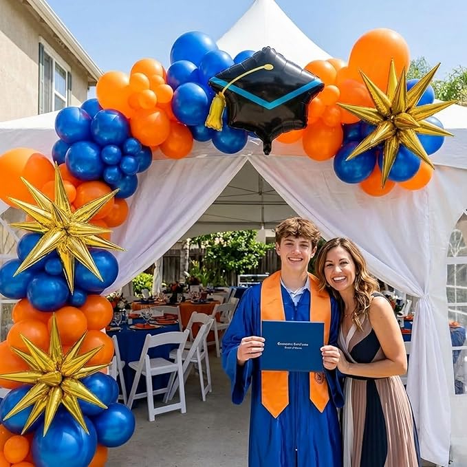 Orange and blue Graduation Balloon Garland Arch Kit with foil star crown graduation cap balloons for School students graduate class of 2026 Prom Party Decorations (Royal Blue Orange)