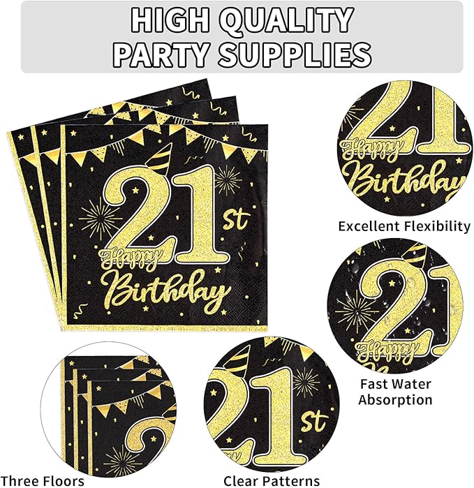 96 Pcs 21st Birthday Party Supplies 350 GSM Black and Gold Happy 21st Birthday Plates and Napkins Disposable Cheers to 21 Years Paper Tableware Set 21st Birthday Decorations for Him Men Serves 24