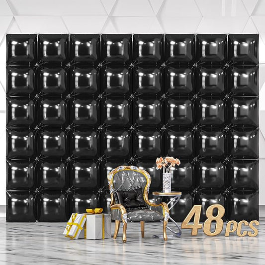 NISOCY 48PCS Black Square Foil Balloons Wall Backdrop Metallic Double Sided Black Balloon Tunnel Arch Kit for New Year Birthday Baby Shower Graduation Party Decorations