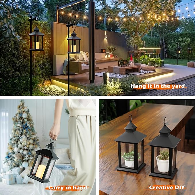 14" Lanterns Decorative Indoor/Outdoor, 2 Pack Black Lantern Decor with Timer Candle, Waterproof Battery Operated Outdoor Lanterns, Vintage Hanging Lanterns for Patio, Porch, Entryway, Centerpieces