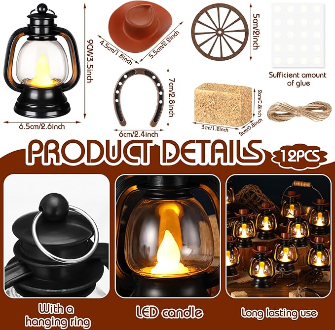 Ferraycle 60 Pcs Cowboy Theme Party Decoration Western Party Decor Rodeo Table Centerpieces Rustic Country Mini Cowboy Hat Lantern Horseshoe Wagon Wheel Hay Bales for Adult Cowgirl (Brown)