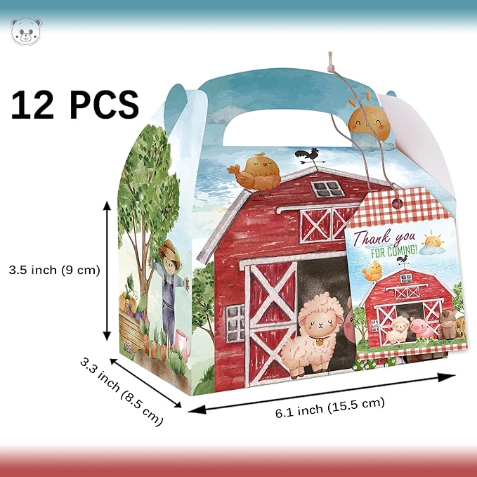 Farm Party Boxes, 12 Pcs Farm Theme Gift Boxes with Thank You Cards for Birthday, Farmhouse Theme Party Supplies