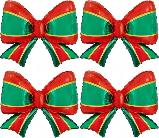 4 Pcs 27" Red & Green Bow Foil Balloons, Christmas Party Decorations, Holiday Winter Big Bow Balloons for Xmas Tree, Gift Wrapping, Festive Birthday & Seasonal Celebrations (Green Red)