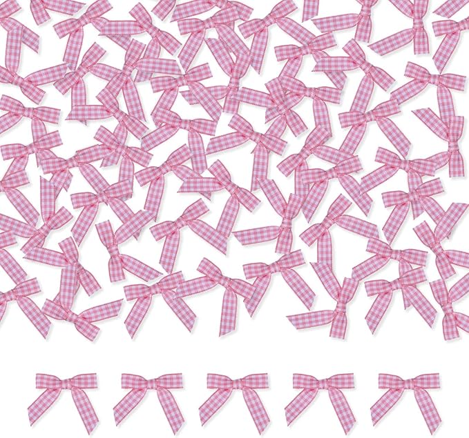 Meseey 100 Pcs 1.5 Inches Premade Gingham Craft Bows Self Adhesive Pink and White Plaid Satin Ribbon Bows for Treat Bags Gift Wrapping Basket Wedding Baby Shower Brithday Party(Pink and White Plaid)