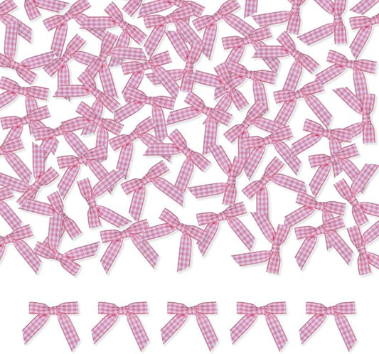 Meseey 100 Pcs 1.5 Inches Premade Gingham Craft Bows Self Adhesive Pink and White Plaid Satin Ribbon Bows for Treat Bags Gift Wrapping Basket Wedding Baby Shower Brithday Party(Pink and White Plaid)