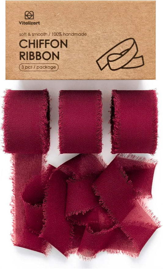 Vitalizart Burgundy Red Chiffon Silk Ribbon 1" x 21 Yd Fringe Fabric Package (3 Rolls * 7 Yd) for Wedding Invitations Bridal Bouquets Decorations Gifts Wrapping & Bow Making