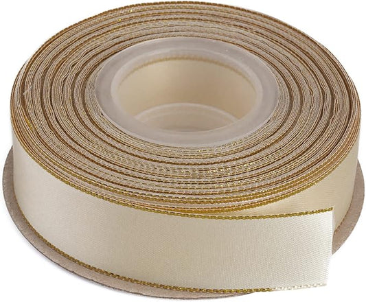 1" Double Face Satin Ribbon with Gold Edge 25 Yards (810-Ivory), Perfect for Gift Wrapping, Party Decor, Wedding and Craft