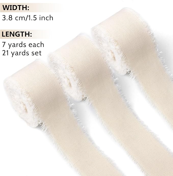 Ivory Cotton Linen Ribbon 1.5" x 21 Yds Cream Boho Vintage Rustic Ribbon for Gift Wrapping Wedding Invitations Bridal Bouquets DIY Crafts