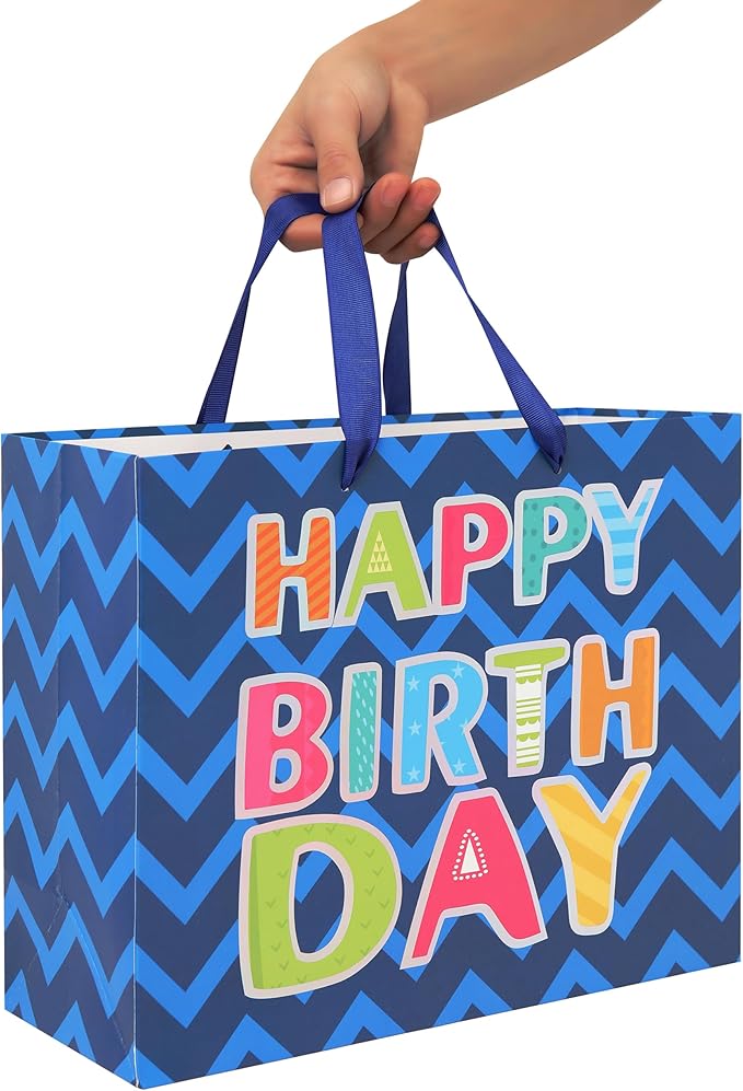 Qirrmiy 13" Large Blue Gift Bag Set with Greeting Card and White Tissue Papers (Laser Foil 'Happy Birthday') for Men's Birthday Party, Boys' or Kids' Parties, Baby Boy - 13”x5.2”x10.2”, 1 Pcs.