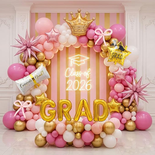 Pink White and Gold Balloon Garland Arch Kit 140Pcs with Pink and gold Stars Graduation Certificate Crown DIY bow for 2025 GRAD Prom coquette Decorations