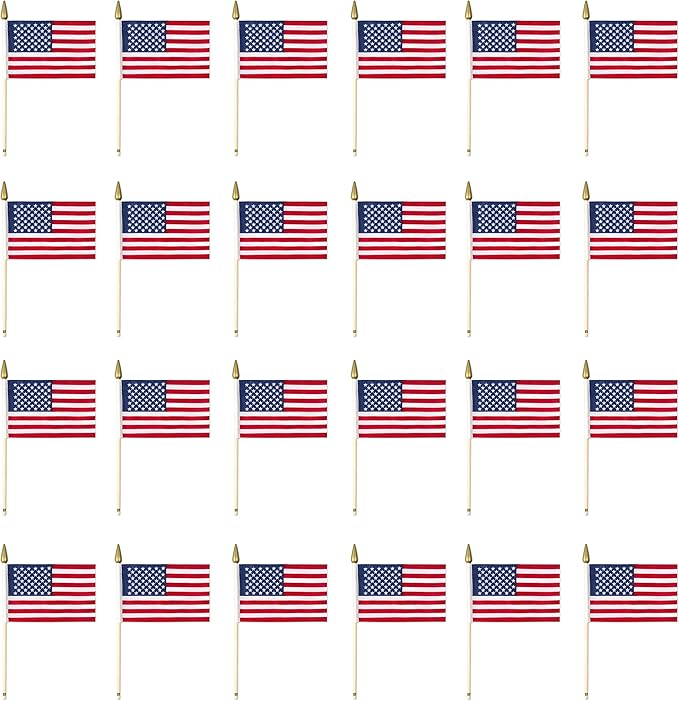 Polyester Fabric American Flags With Wooden Sticks 24 Piece Patriotic Decorations 4th Of July Labor Day Party Supplies